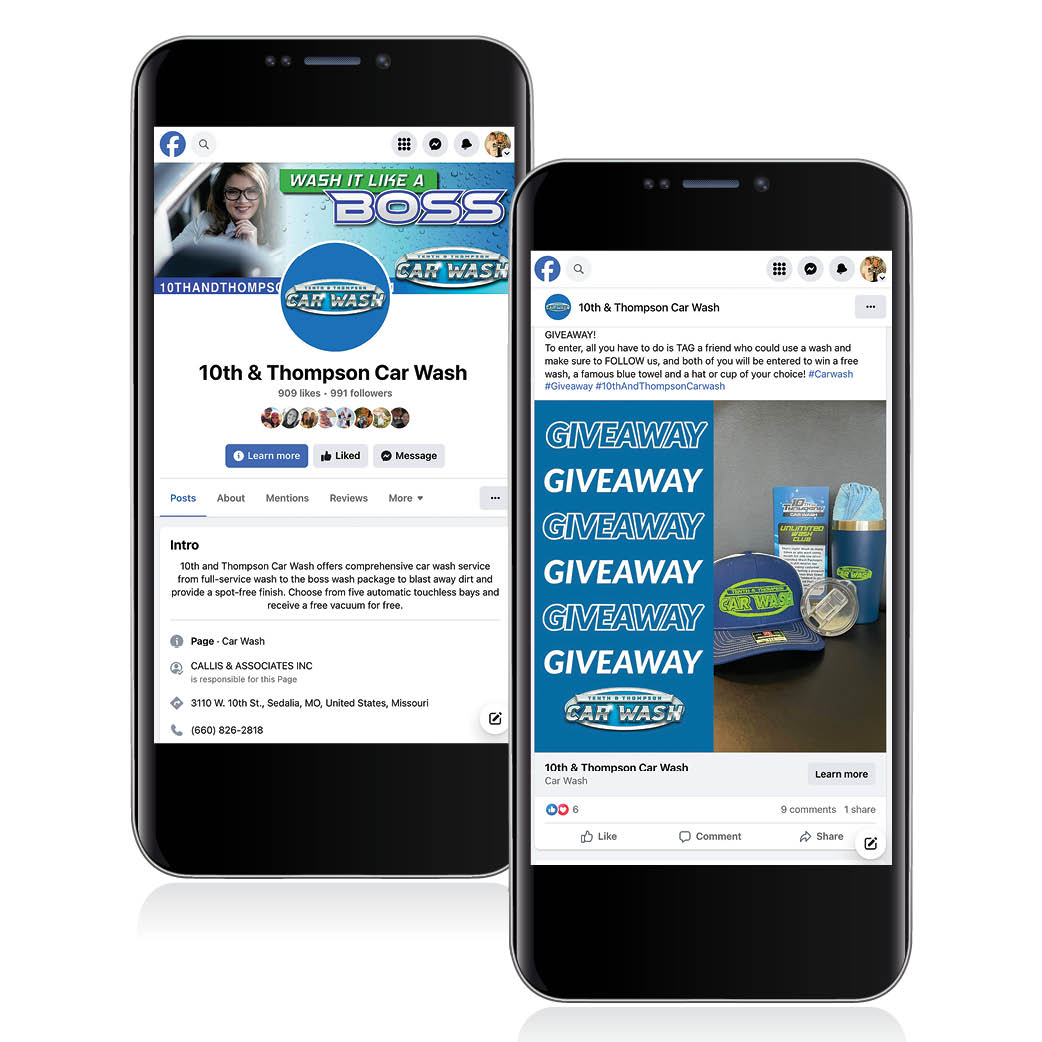 The 10th & Thompson Car wash Facebook page on two phones