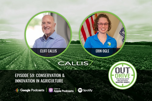 Cliff Callis and Erin Ogle's headshots in circles with green border on top of a green field. OUTdrive episode 59: Conservation and Innovation in Agriculture across the bottom in white text. Available on Google Podcasts, Apple Podcasts and Spotify.