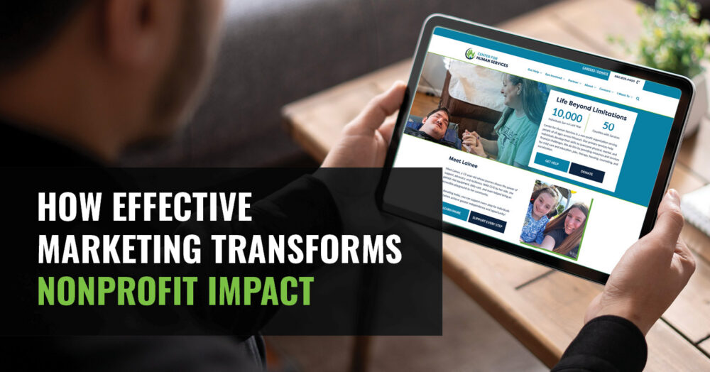 "How Effective Marketing Transforms Nonprofit Impact" showing the CHS website on a tablet