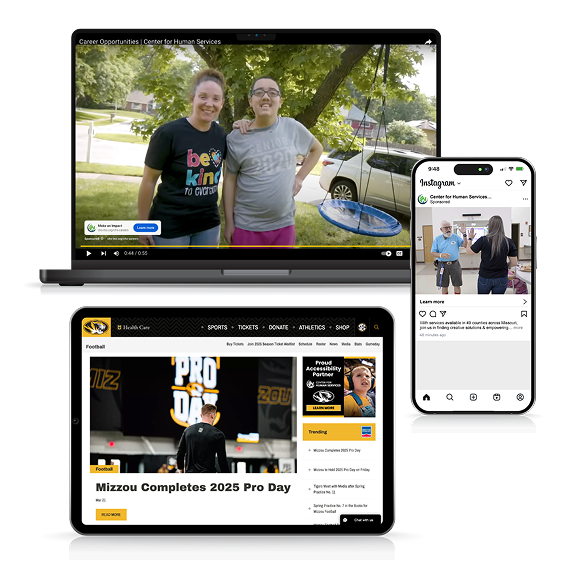 A sample of an integrated and cohesive digital campaign showing connected ads on YouTube, Instagram and a website