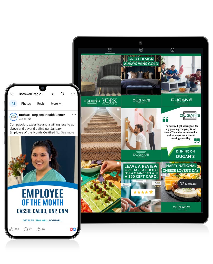 Bothwell and Dugan's social feeds shown on a phone and a tablet