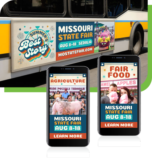 A Missouri State Fair ad on a bus and two phones