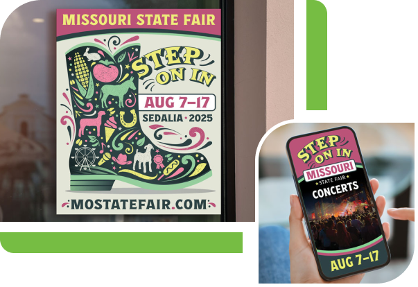 A poster for the 2025 Missouri State Fair and a concert ad on a phone screen