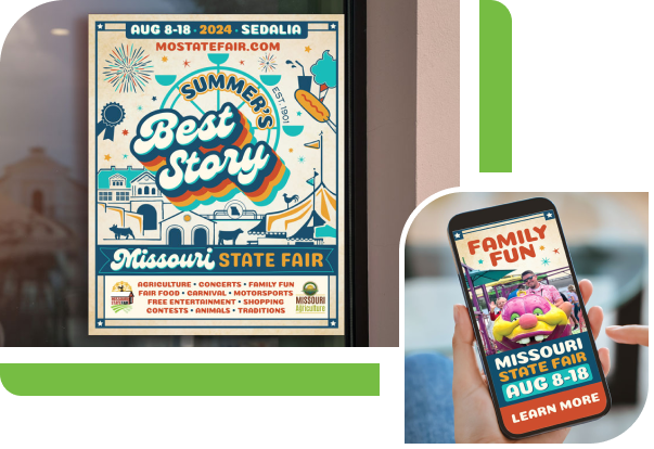 A Missouri State Fair poster and and ad on a phone