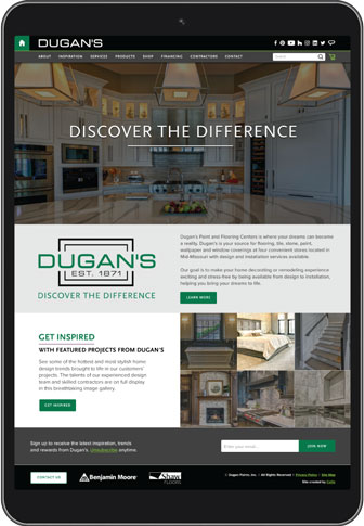 A tablet showing the Dugan's website