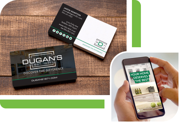Dugan's business cards on a wooden table
