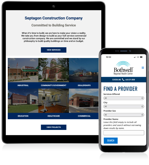 The Septagon website and Bothwell website on different devices