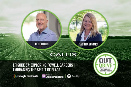 Cliff Callis and Tabitha Schmidt's headshots in circles with green border on top of a green field. OUTdrive episode 57: Exploring Powell Gardens | Embracing the Spirit of Place across the bottom in white text. Available on Google Podcasts, Apple Podcasts and Spotify.